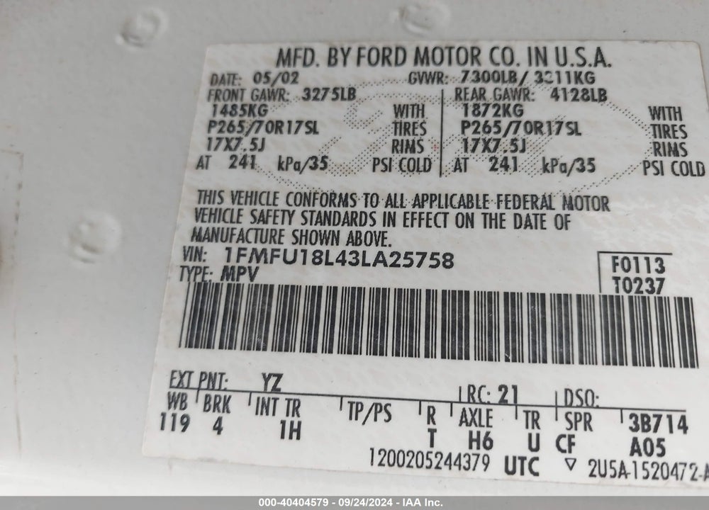 2003 FORD EXPEDITION EDDIE BAUER VIN: 1FMFU18L43LA25758