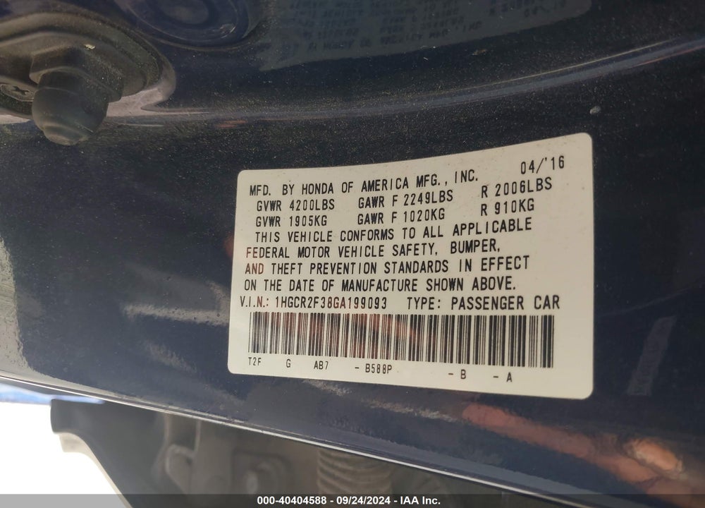 2016 HONDA ACCORD LX VIN: 1HGCR2F38GA199093