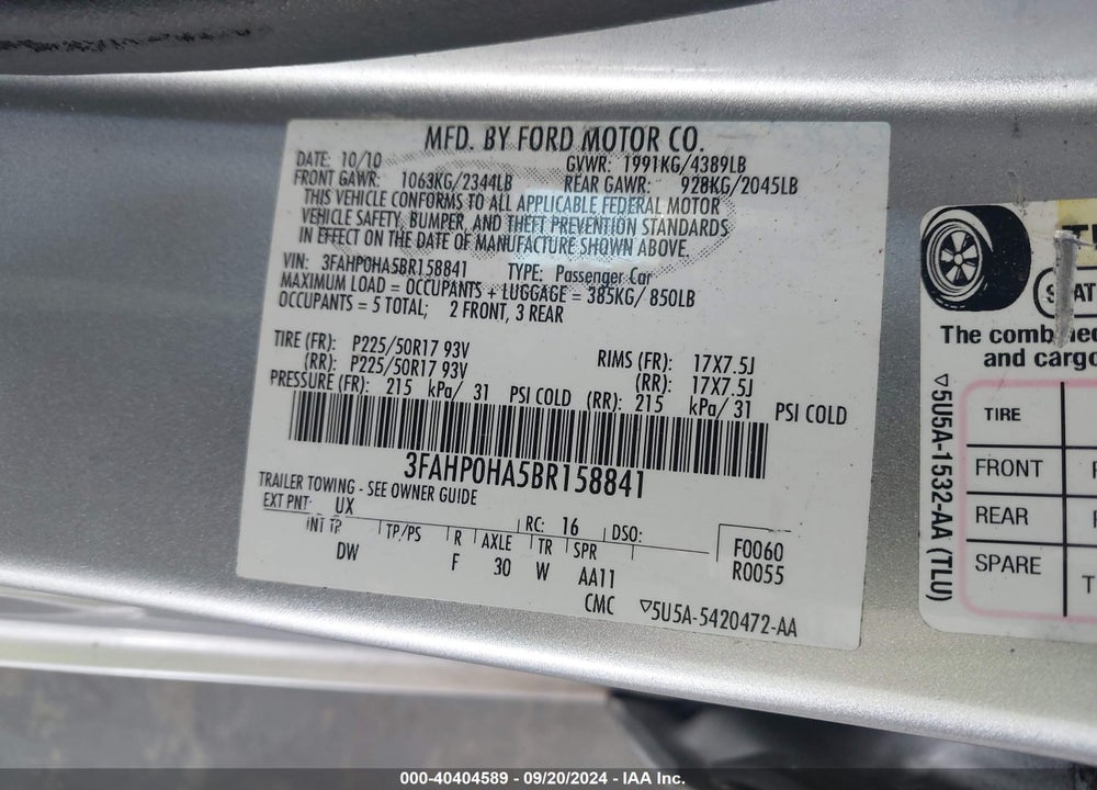 2011 FORD FUSION SE VIN: 3FAHP0HA5BR158841