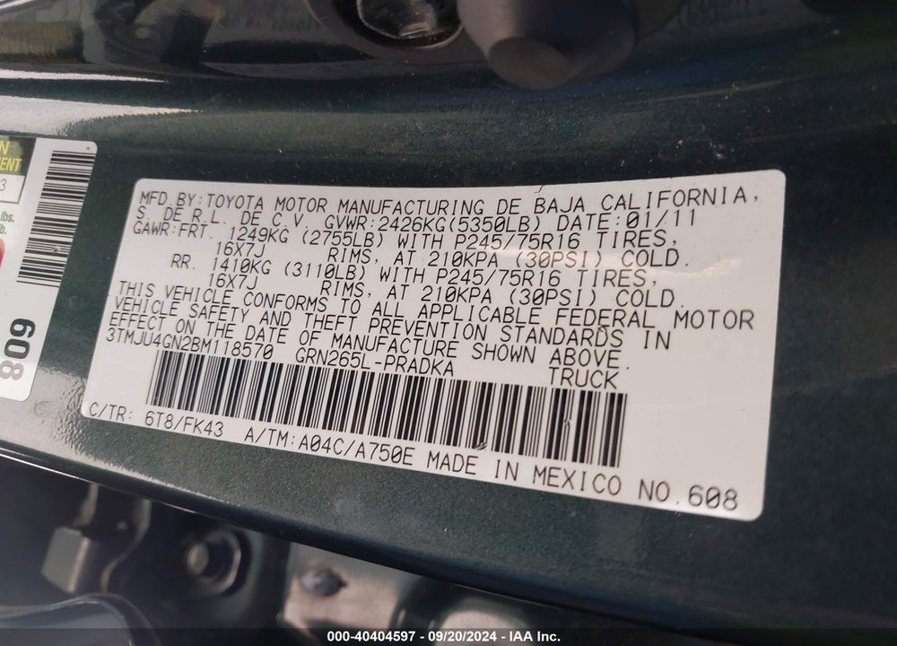 2011 TOYOTA TACOMA PRERUNNER V6 VIN: 3TMJU4GN2BM118570