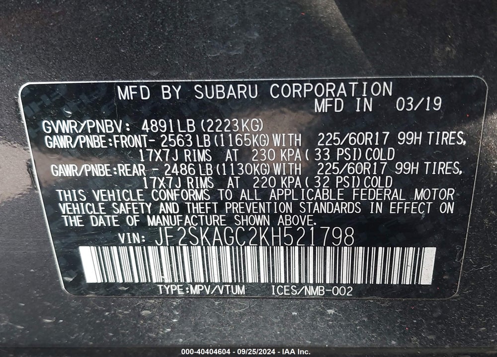 2019 SUBARU FORESTER PREMIUM VIN: JF2SKAGC2KH521798