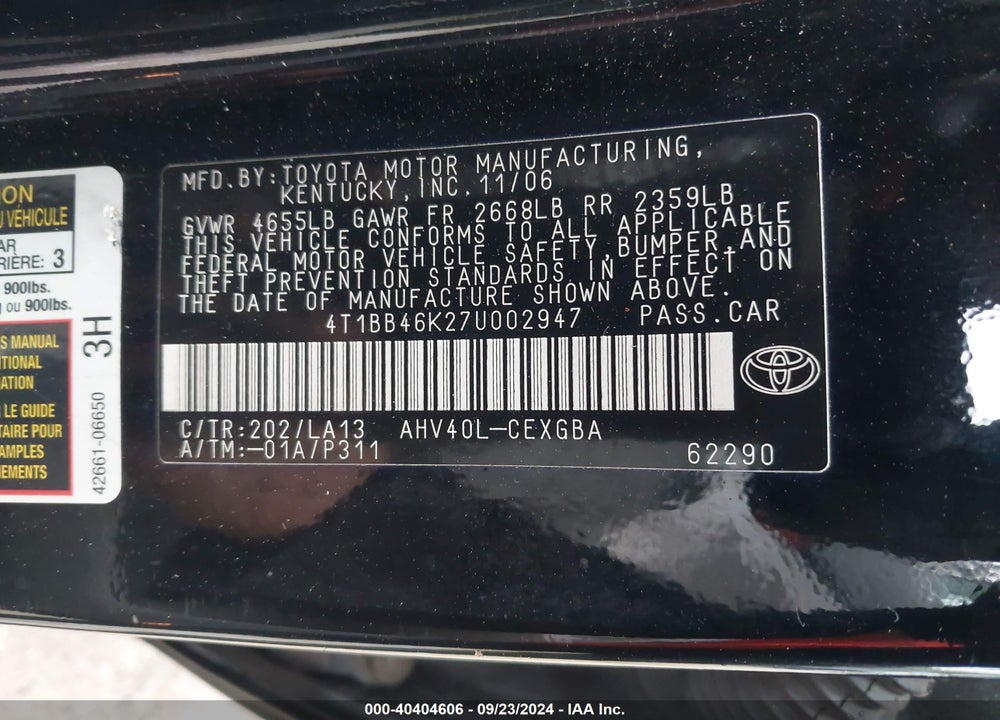 2007 TOYOTA CAMRY HYBRID VIN: 4T1BB46K27U002947