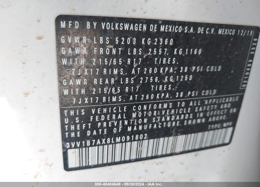 2020 VOLKSWAGEN TIGUAN 2.0T S VIN: 3VV1B7AX8LM091802