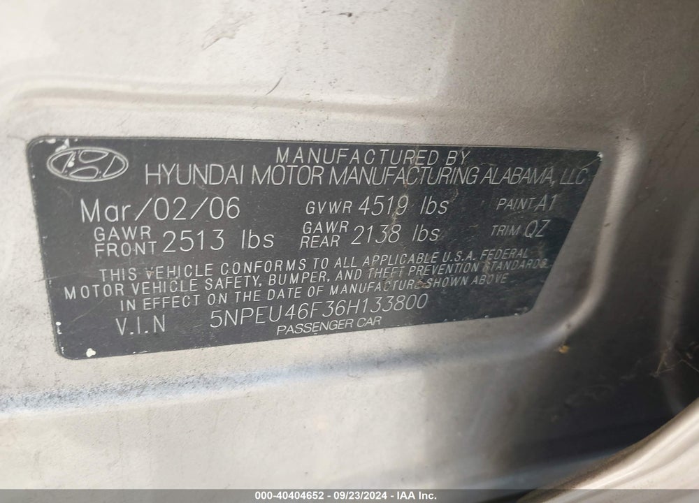 2006 HYUNDAI SONATA GLS V6/LX V6 VIN: 5NPEU46F36H133800