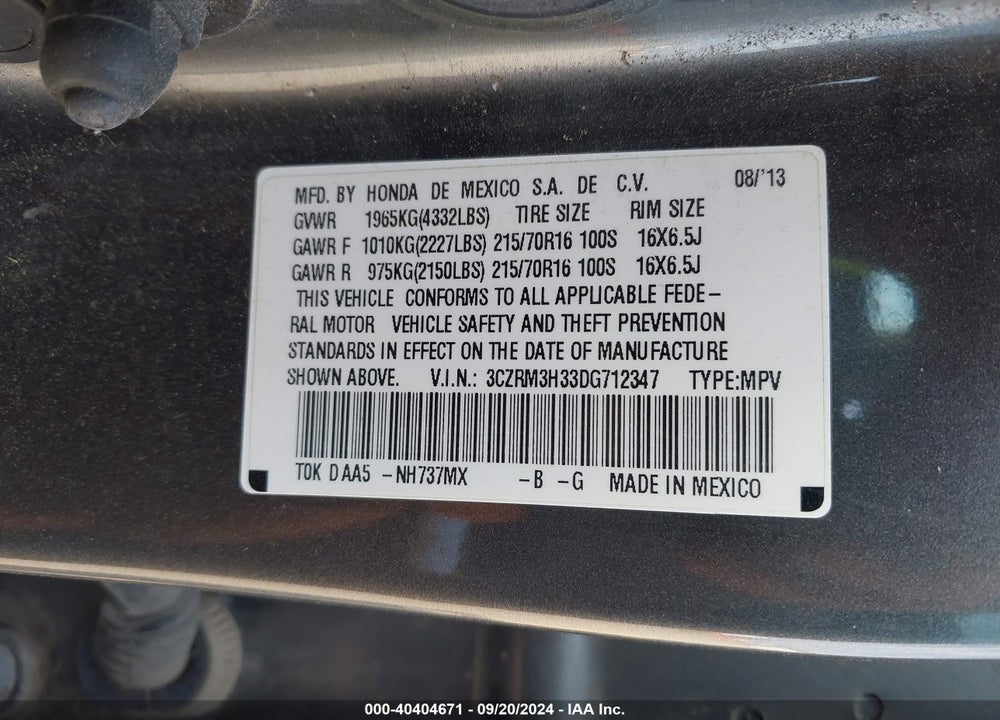 2013 HONDA CR-V LX VIN: 3CZRM3H33DG712347