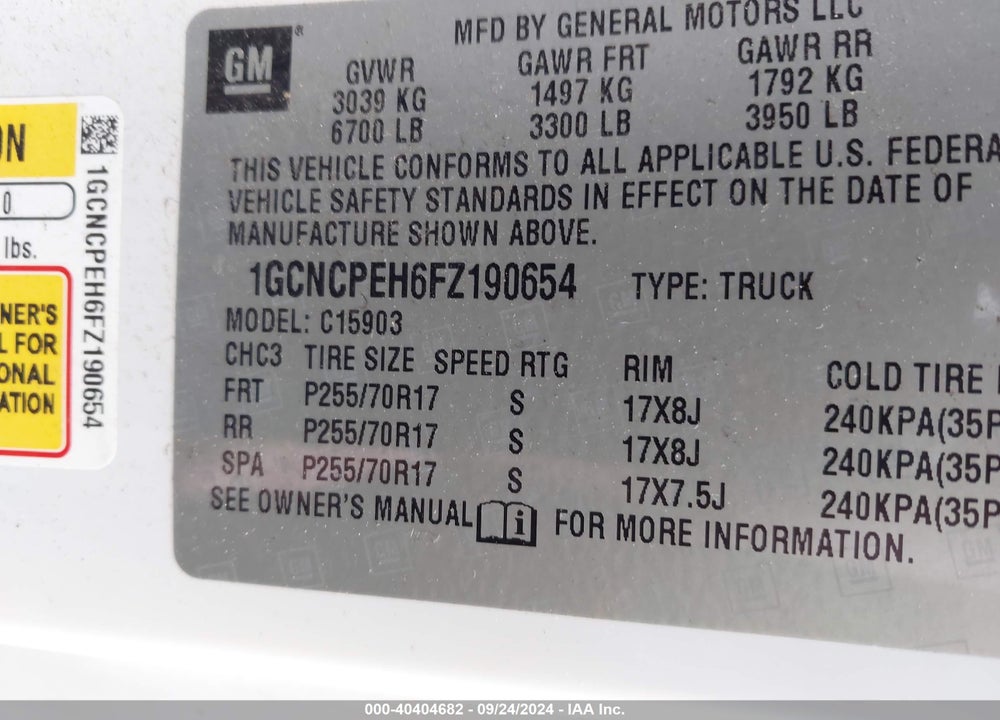 2015 CHEVROLET SILVERADO 1500 WT VIN: 1GCNCPEH6FZ190654