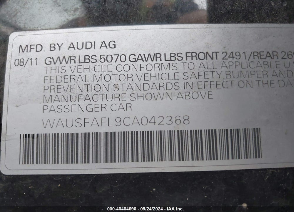2012 AUDI A4 2.0T PREMIUM VIN: WAUSFAFL9CA042368