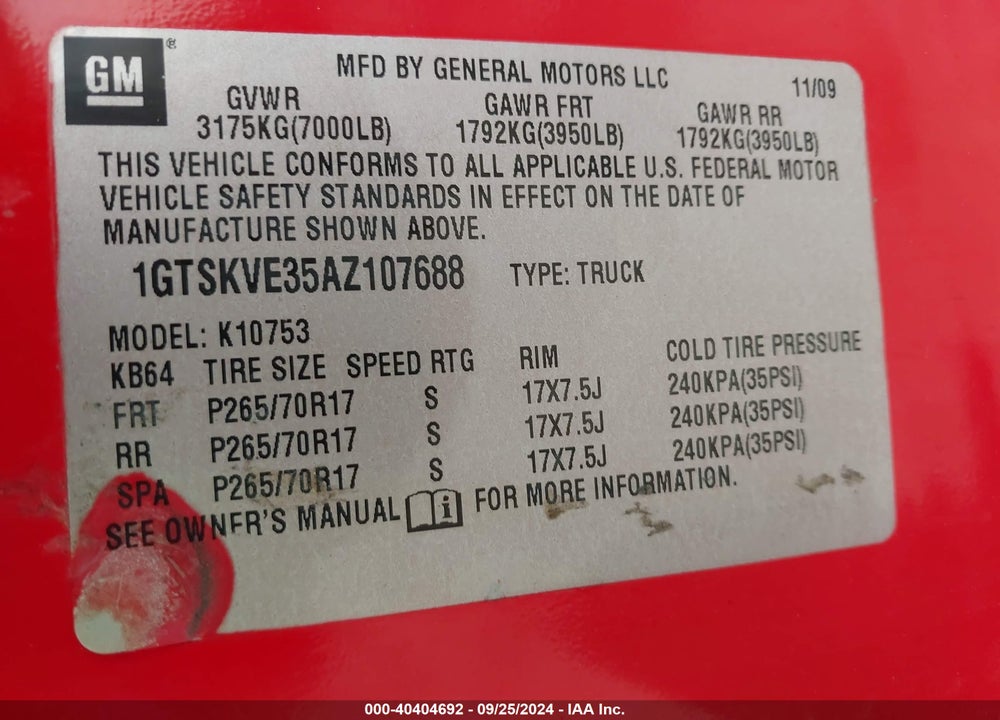 2010 GMC SIERRA 1500 SLE VIN: 1GTSKVE35AZ107688