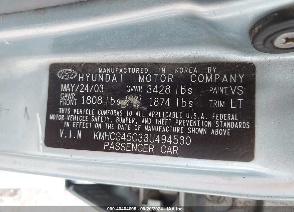 2003 HYUNDAI ACCENT GL VIN: KMHCG45C33U494530