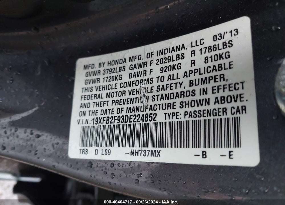 2013 HONDA CIVIC EX-L VIN: 19XFB2F93DE224852
