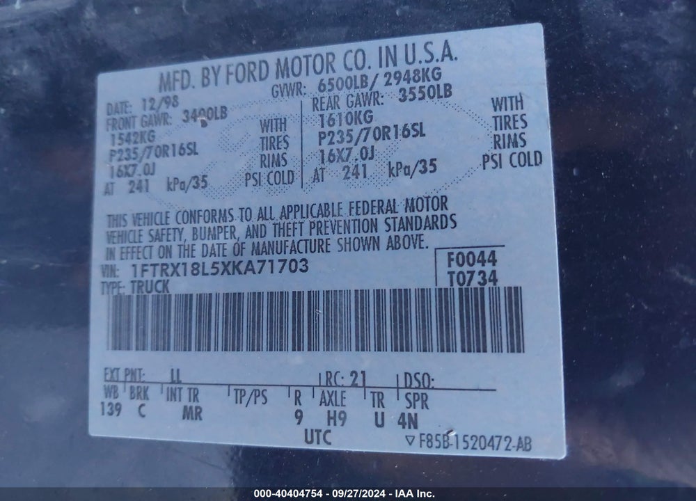 1999 FORD F-150 LARIAT/XL/XLT VIN: 1FTRX18L5XKA71703