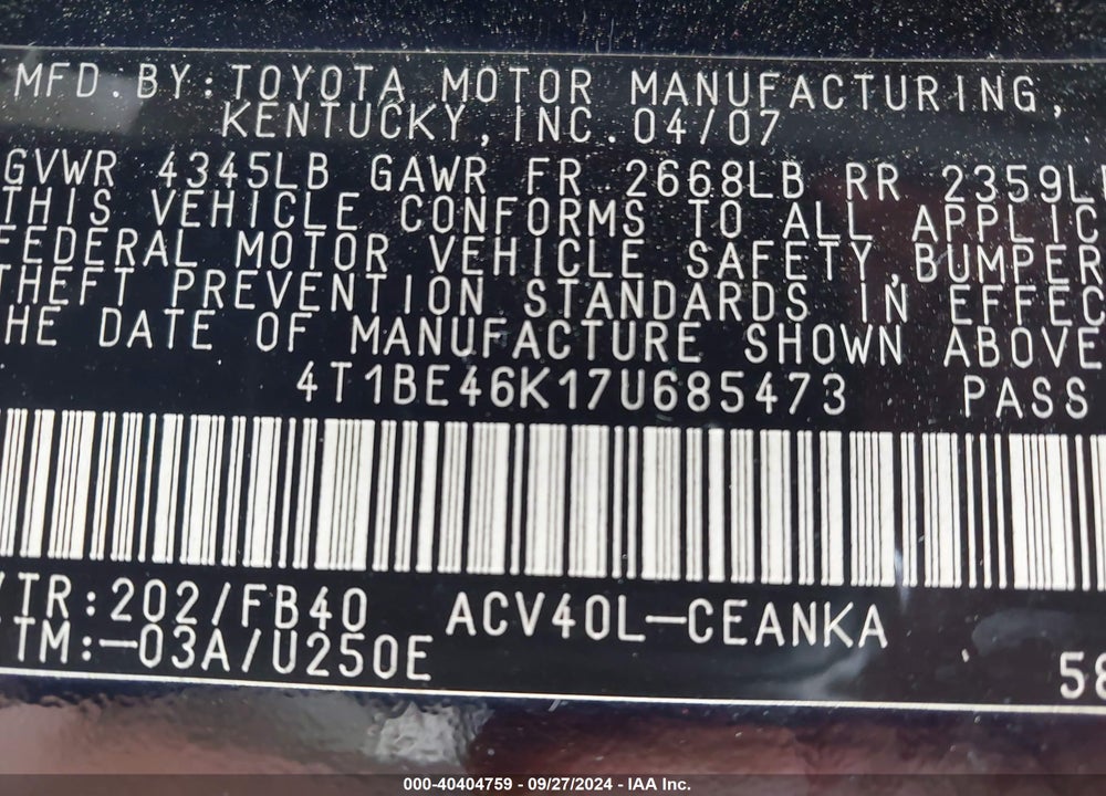 2007 TOYOTA CAMRY LE VIN: 4T1BE46K17U685473