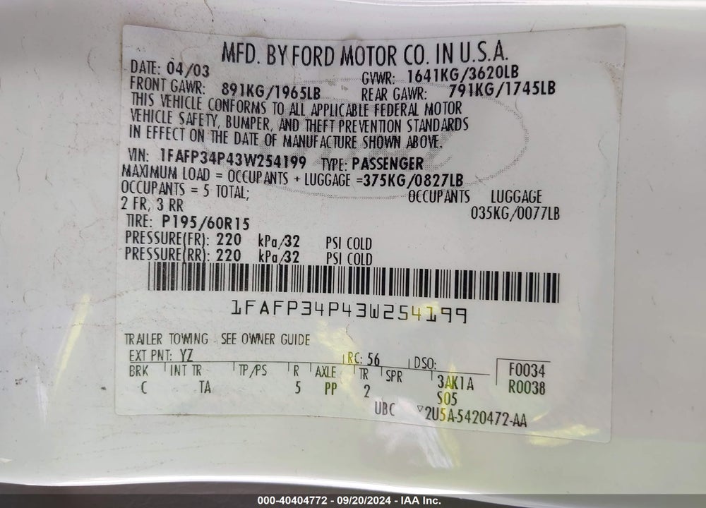 2003 FORD FOCUS SE VIN: 1FAFP34P43W254199