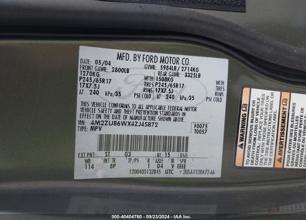 2004 MERCURY MOUNTAINEER VIN: 4M2ZU86WX4ZJ45872