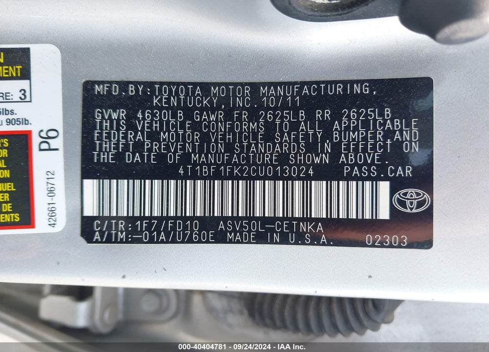 2012 TOYOTA CAMRY LE VIN: 4T1BF1FK2CU013024