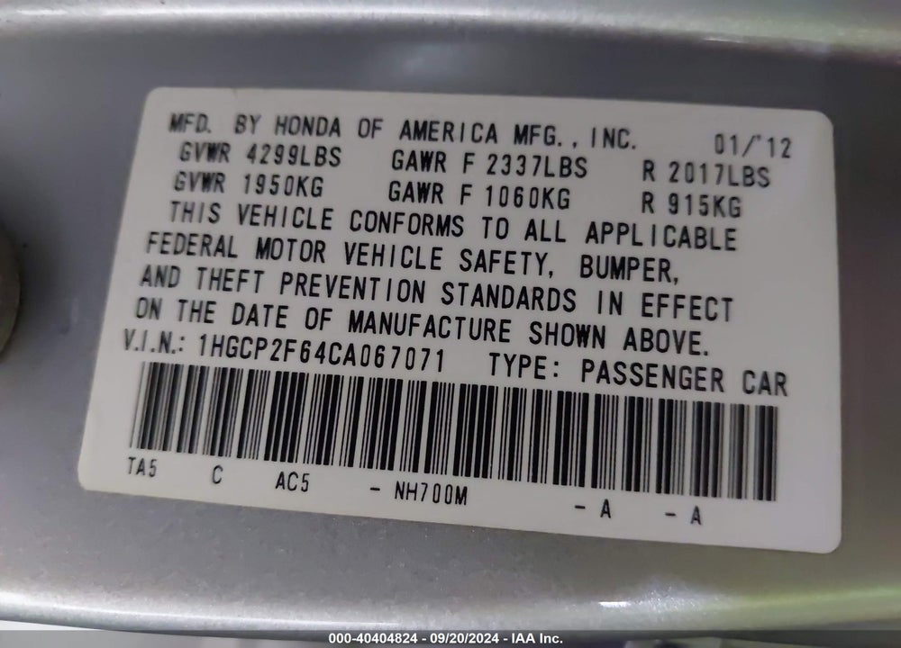 2012 HONDA ACCORD 2.4 SE VIN: 1HGCP2F64CA067071