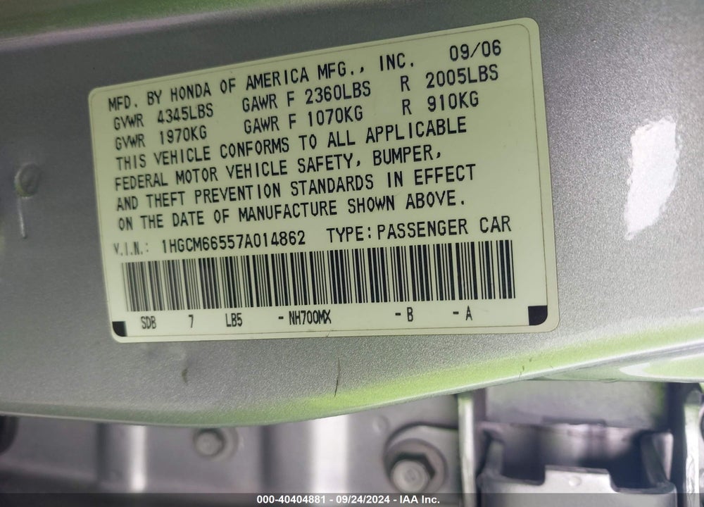 2007 HONDA ACCORD 3.0 EX VIN: 1HGCM66557A014862