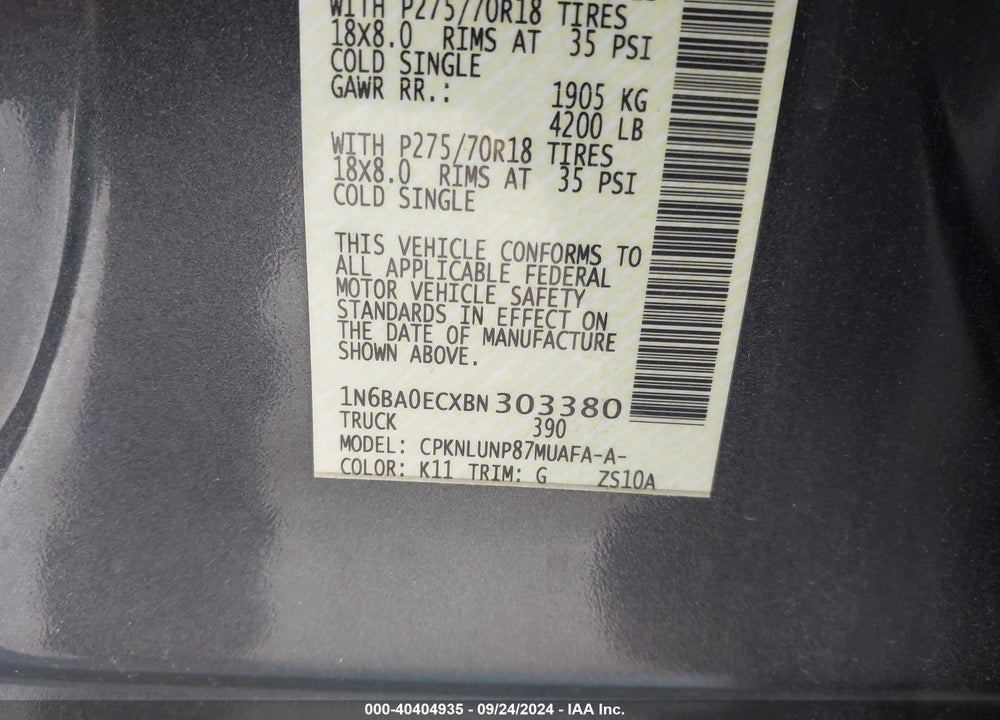 2011 NISSAN TITAN PRO-4X VIN: 1N6BA0ECXBN303380