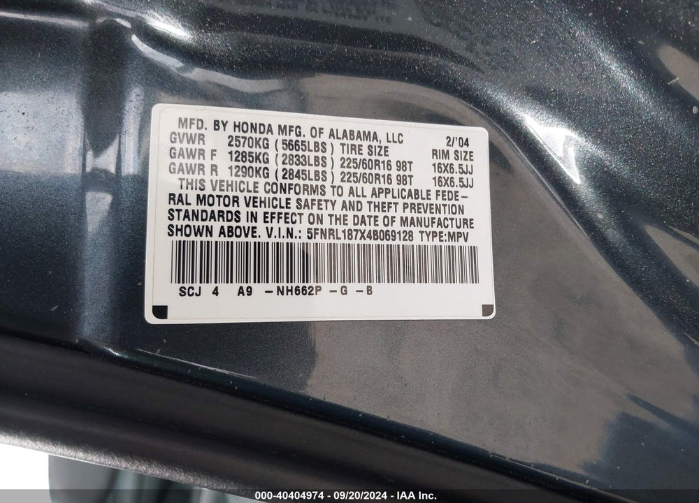 2004 HONDA ODYSSEY EX-L VIN: 5FNRL187X4B069128
