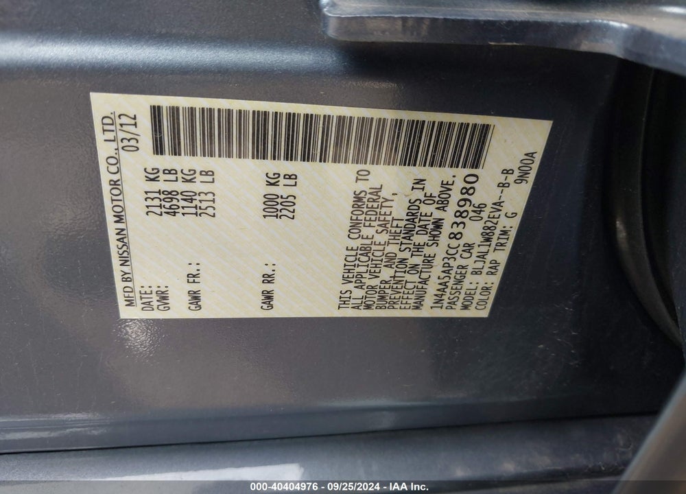 2012 NISSAN MAXIMA 3.5 SV VIN: 1N4AA5AP3CC838980