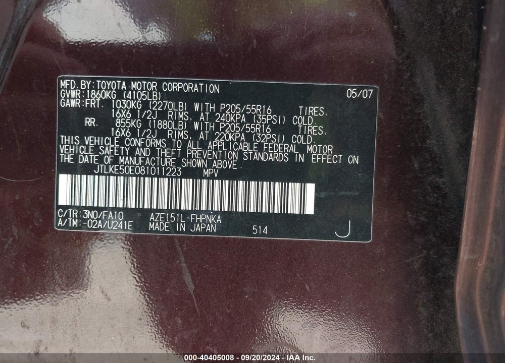 2008 SCION XB VIN: JTLKE50E081011223