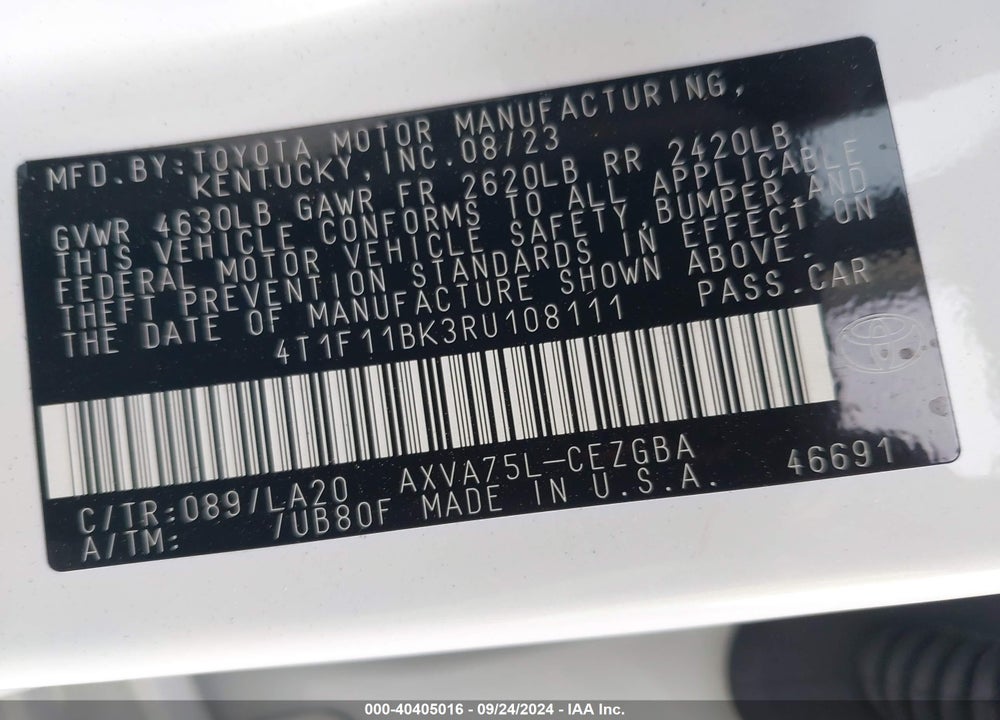 2024 TOYOTA CAMRY XLE VIN: 4T1F11BK3RU108111