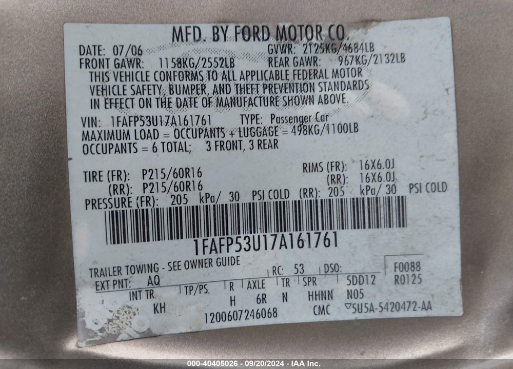 2007 FORD TAURUS SE VIN: 1FAFP53U17A161761