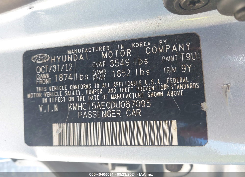 2013 HYUNDAI ACCENT GS VIN: KMHCT5AE0DU087095