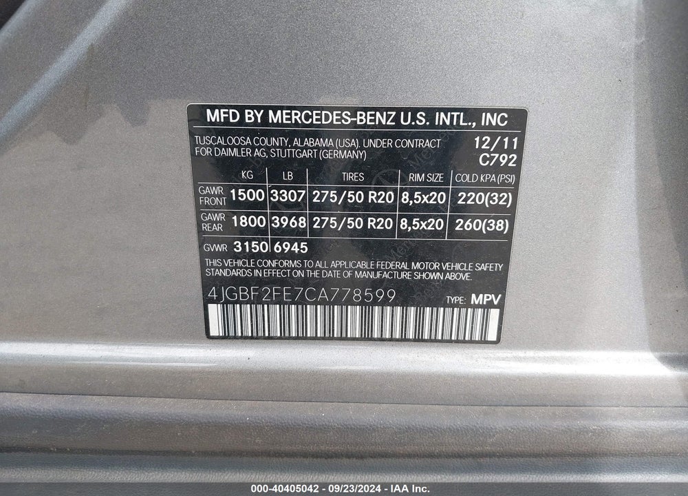 2012 MERCEDES-BENZ GL 350 BLUETEC 4MATIC VIN: 4JGBF2FE7CA778599