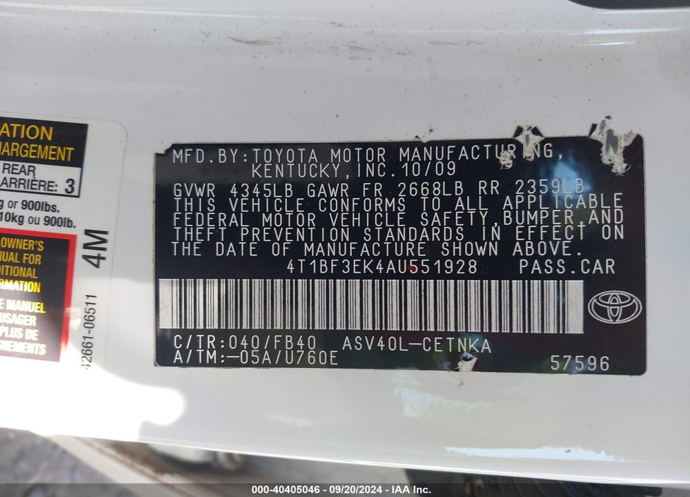2010 TOYOTA CAMRY LE VIN: 4T1BF3EK4AU551928