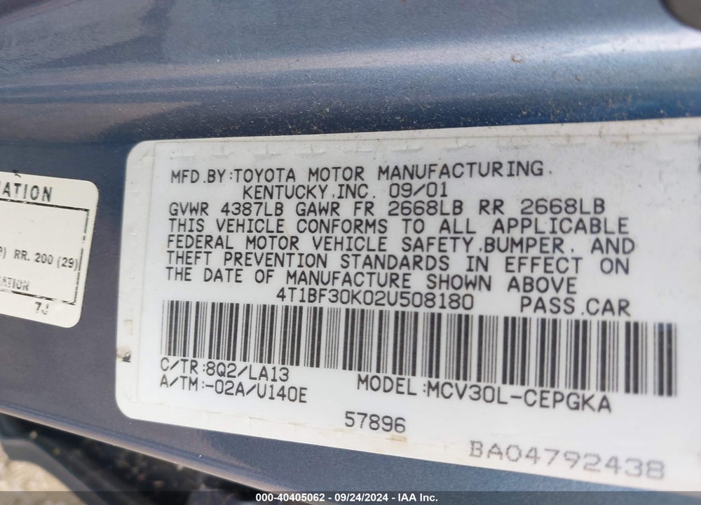 2002 TOYOTA CAMRY XLE V6 VIN: 4T1BF30K02U508180
