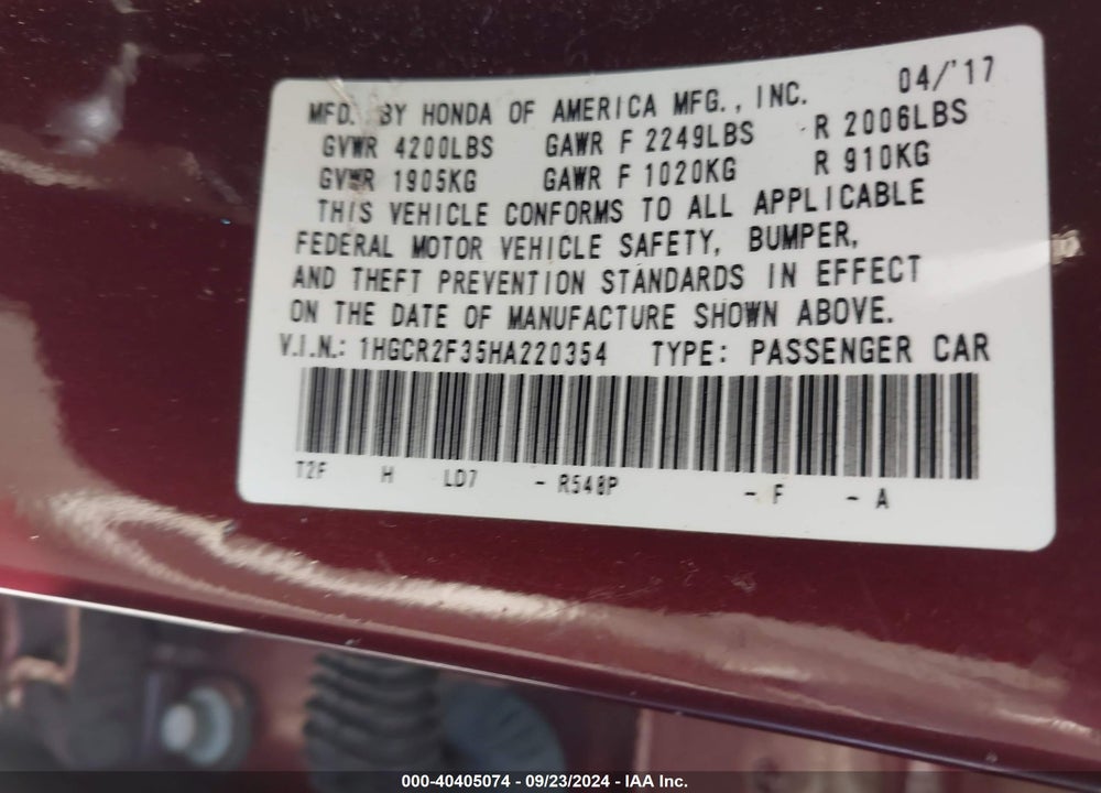 2017 HONDA ACCORD LX VIN: 1HGCR2F35HA220354