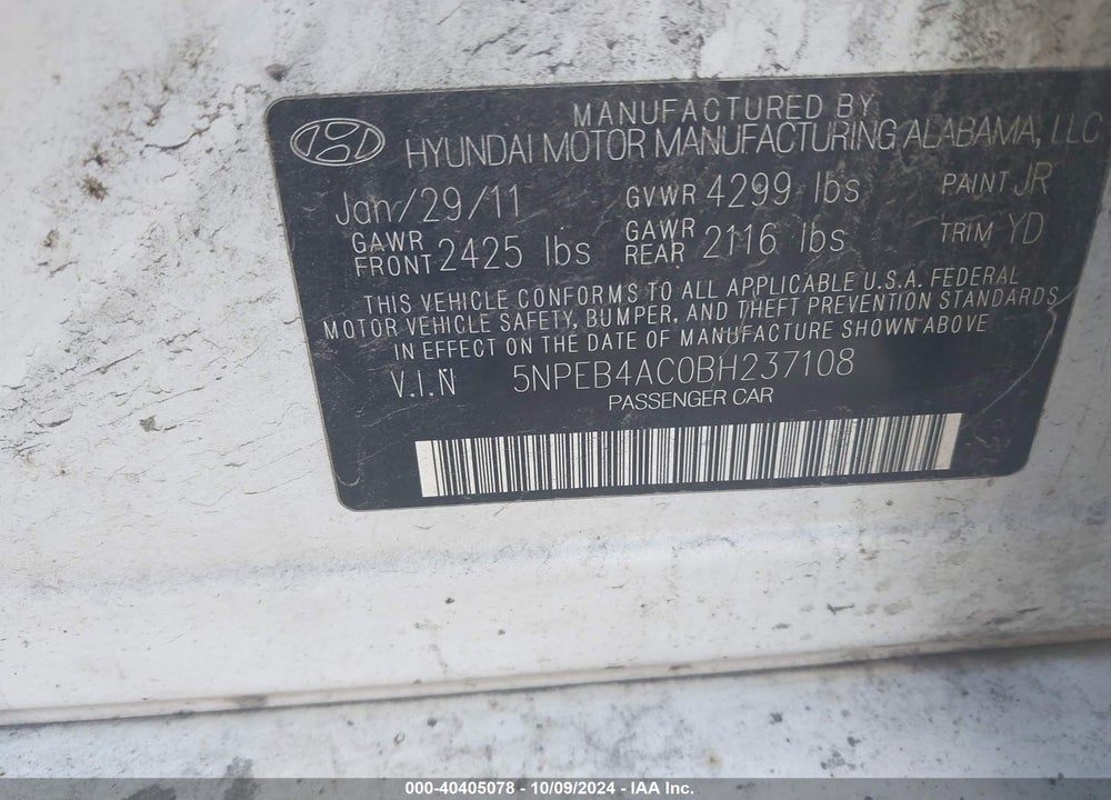 2011 HYUNDAI SONATA GLS VIN: 5NPEB4AC0BH237108