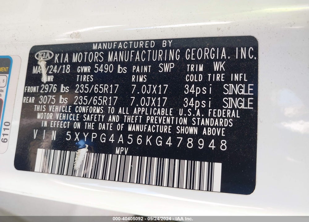 2019 KIA SORENTO 3.3L LX VIN: 5XYPG4A56KG478948