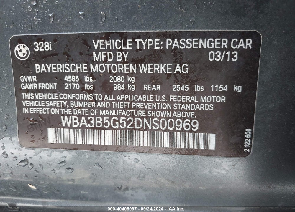 2013 BMW 328I XDRIVE VIN: WBA3B5G52DNS00969