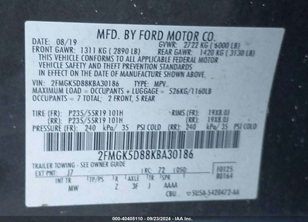 2019 FORD FLEX LIMITED VIN: 2FMGK5D88KBA30186