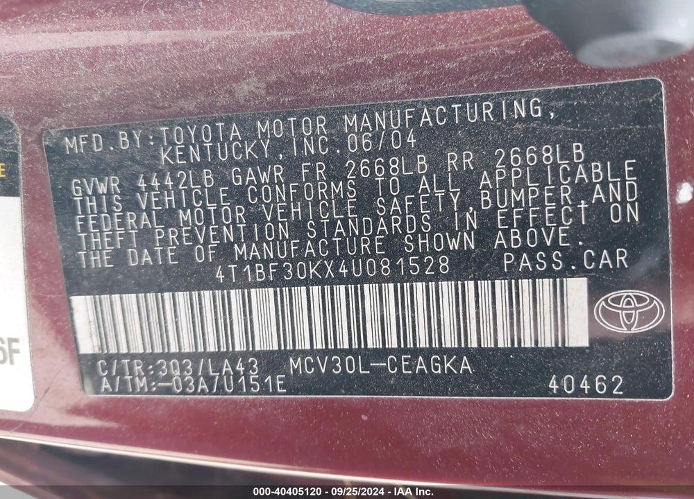 2004 TOYOTA CAMRY XLE V6 VIN: 4T1BF30KX4U081528