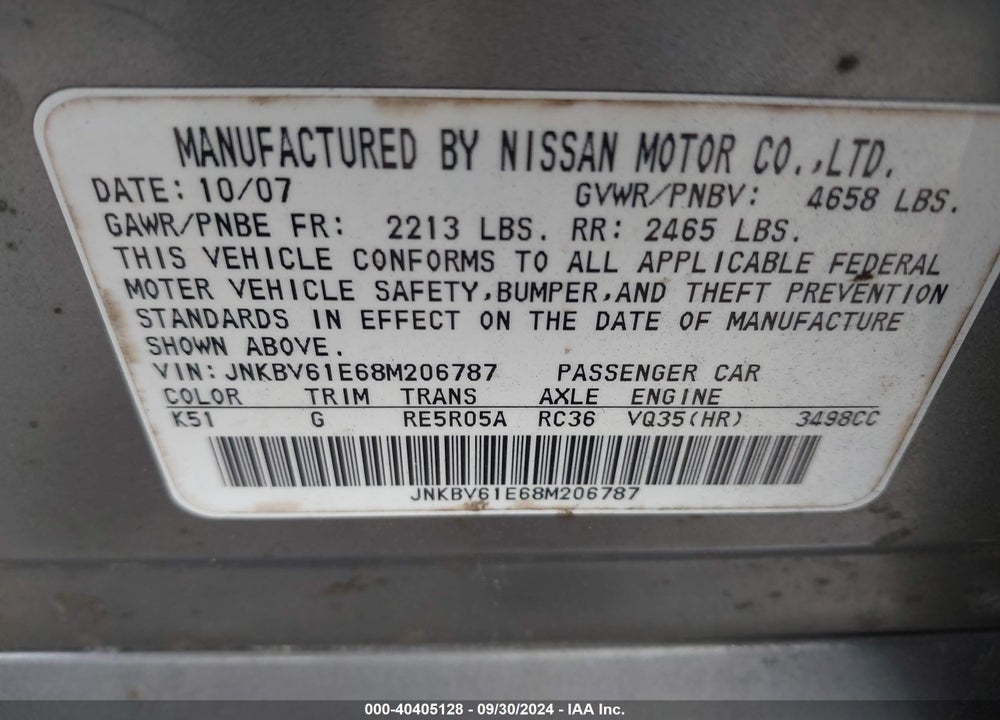 2008 INFINITI G35 JOURNEY VIN: JNKBV61E68M206787