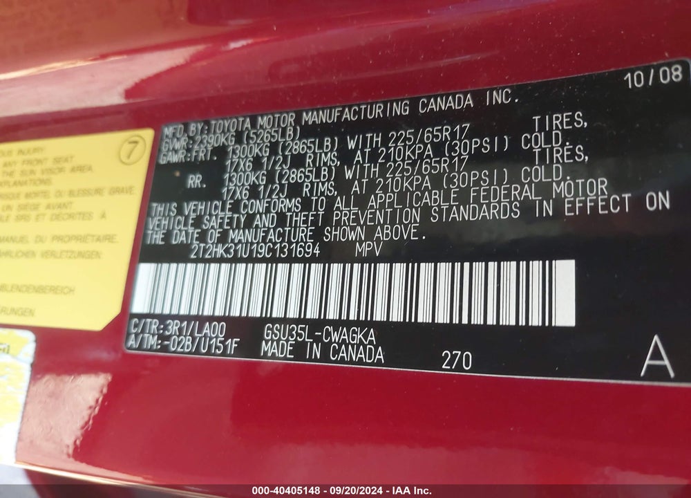 2009 LEXUS RX 350 VIN: 2T2HK31U19C131694