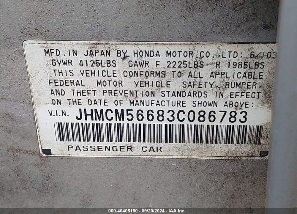 2003 HONDA ACCORD 2.4 EX VIN: JHMCM56683C086783