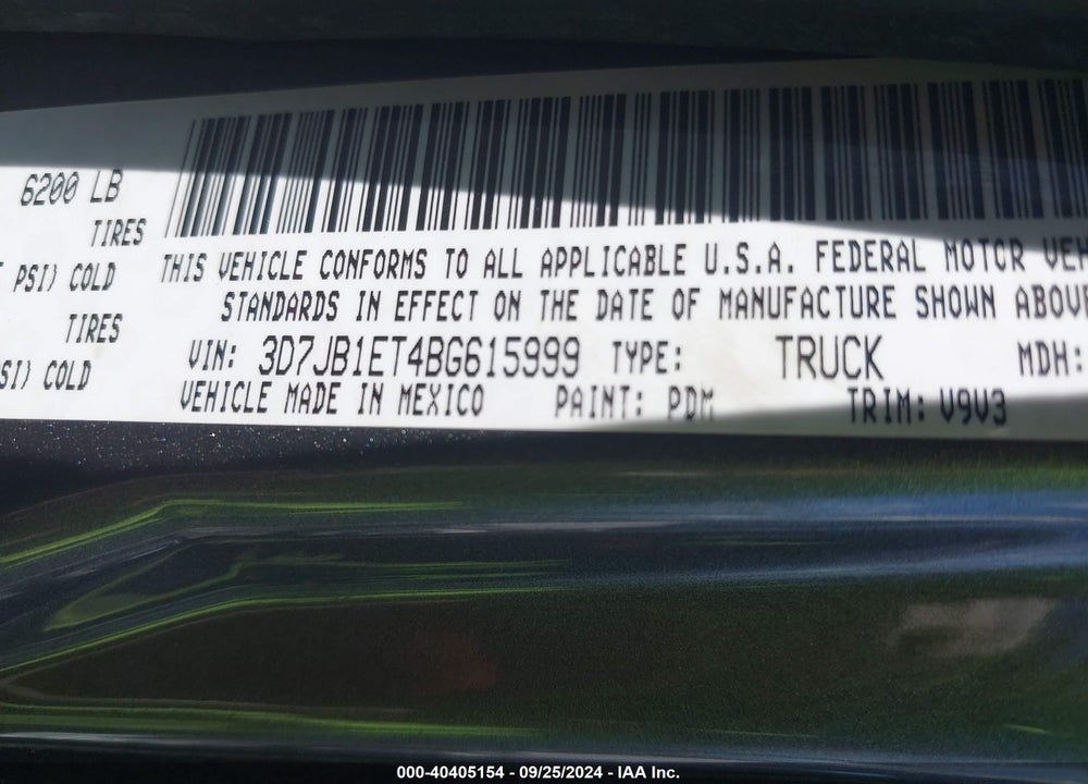 2011 RAM 1500 ST VIN: 3D7JB1ET4BG615999