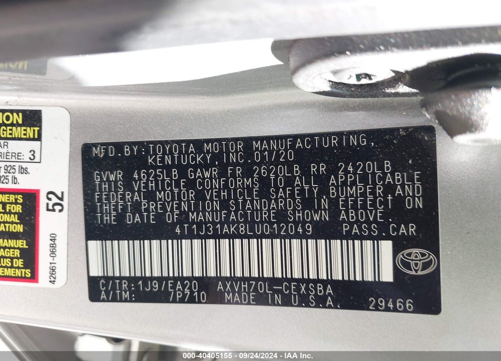 2020 TOYOTA CAMRY VIN: 4T1J31AK8LU012049