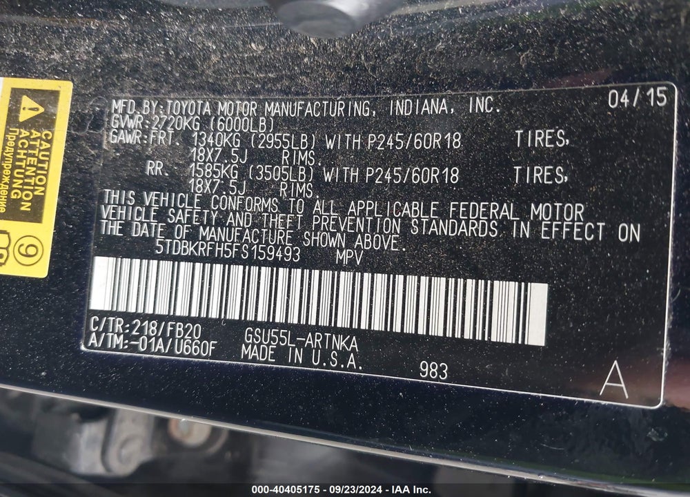 2015 TOYOTA HIGHLANDER LE V6 VIN: 5TDBKRFH5FS159493