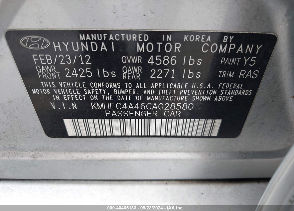 2012 HYUNDAI SONATA HYBRID VIN: KMHEC4A46CA028580