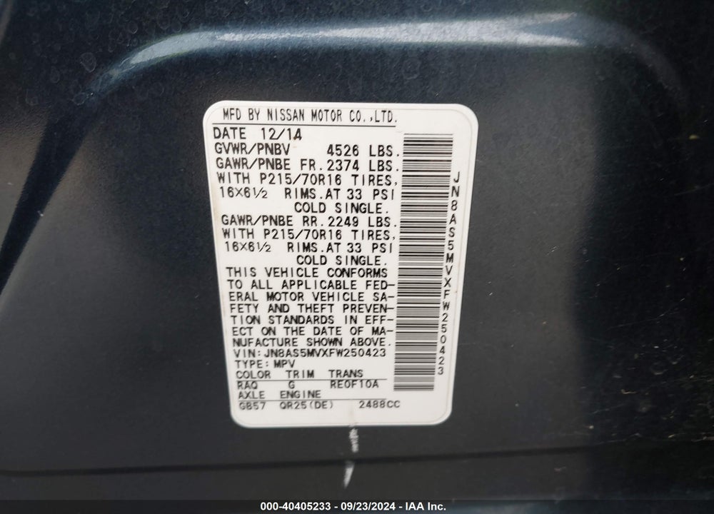 2015 NISSAN ROGUE SELECT S VIN: JN8AS5MVXFW250423