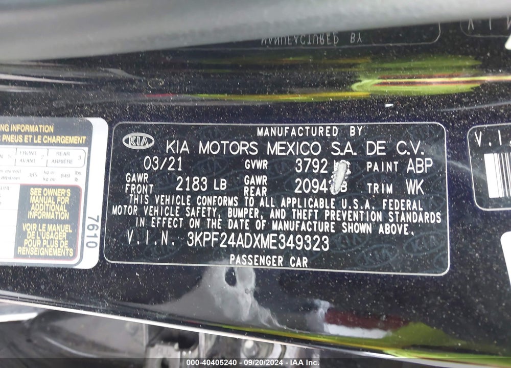 2021 KIA FORTE LXS VIN: 3KPF24ADXME349323