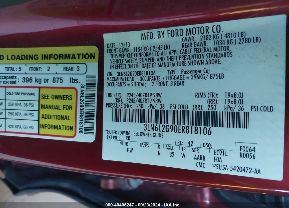 2014 LINCOLN MKZ VIN: 3LN6L2G90ER818106