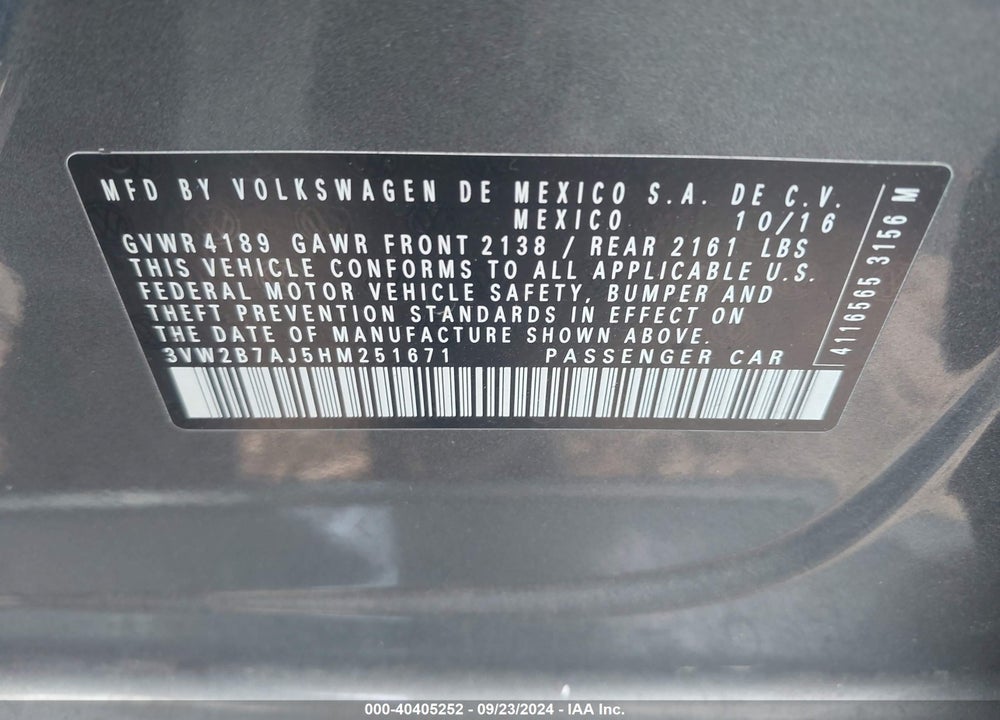 2017 VOLKSWAGEN JETTA 1.4T S VIN: 3VW2B7AJ5HM251671