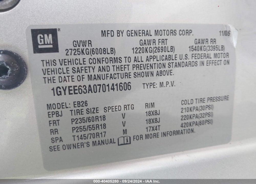 2007 CADILLAC SRX V8 VIN: 1GYEE63A070141606
