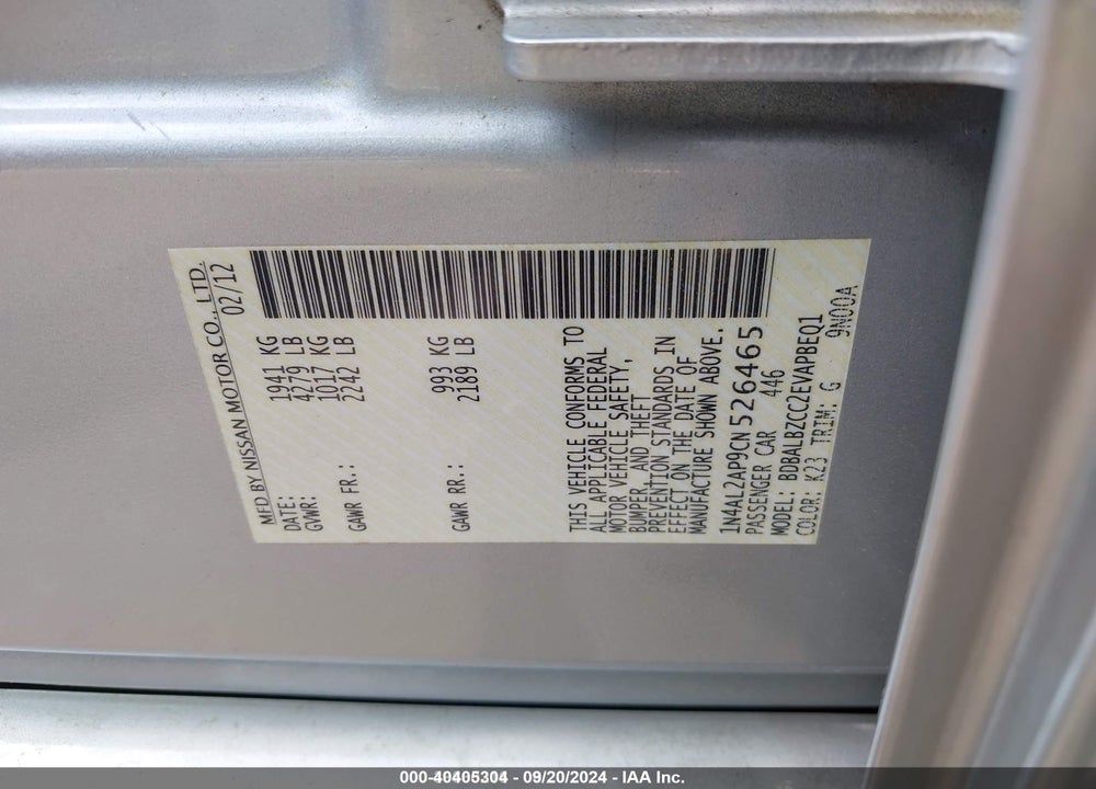 2012 NISSAN ALTIMA 2.5 S VIN: 1N4AL2AP9CN526465